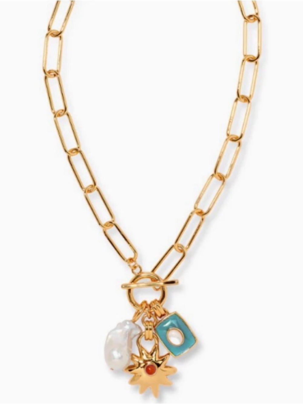 MAYAMAR Gold Paper Clip Chain
Charm Necklace, Turquoise and Pearl Charms